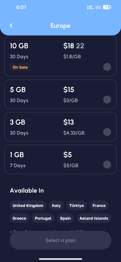 Screenshot: Nomad eSIM App - 3 GB Data Europe