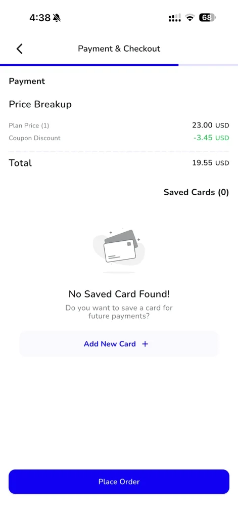 Voye Global checkout showing the Voye Global coupon code discount of $3.45 and a final price of $19.55 before payment.